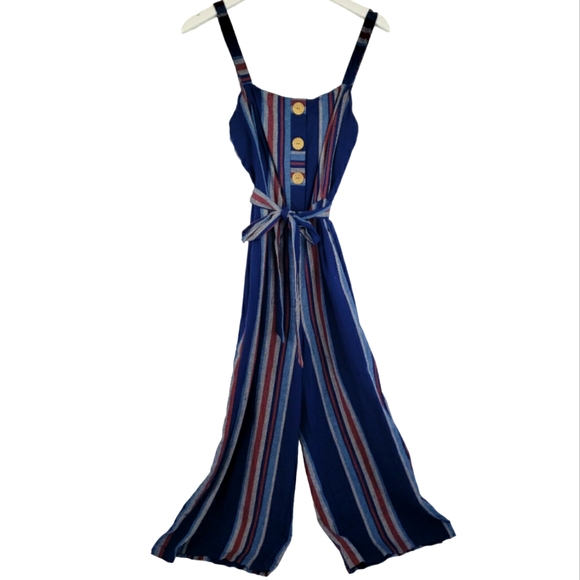 As U Wish Blue Stripe Cotton Jumpsuit with Belt Size Medium - Picture 1 of 15
